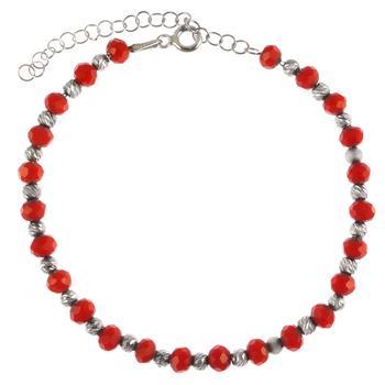 Sterling Silver Rhodium Plated Red Crystal And Diamond Cut Bead Bracelet