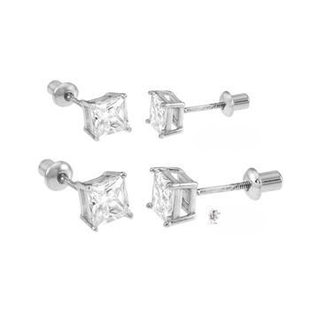 Prong Setting Sterling Silver Princess CZ Cast Screw Back Stud Earrings