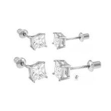 Load image into Gallery viewer, Sterling Silver Princess CZ Cast Screw Back Stud Earrings