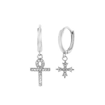 Sterling Silver CZ Cross Dangle Huggie Earrings