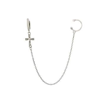 Sterling Silver Rhodium Ear Cuff Chain Set Cross CZ Huggie Hoop Earrings