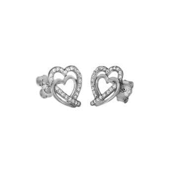 Sterling Silver Double Hearts CZ Stud Earrings