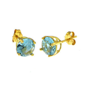 Sterling Silver 6MM Round CZ Aquamarine Basket Gold Plated Stud Earrings