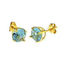 Load image into Gallery viewer, Sterling Silver 6MM Round CZ Aquamarine Basket Gold Plated Stud Earrings