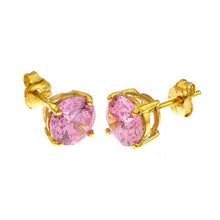 Load image into Gallery viewer, Sterling Silver 6MM Round CZ Pink Basket Gold Plated Stud Earrings