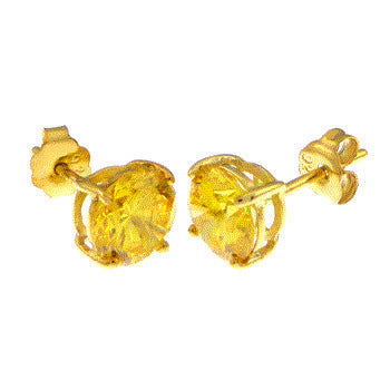 Sterling Silver 6MM Round CZ Citrine Basket Gold Plated Stud Earrings