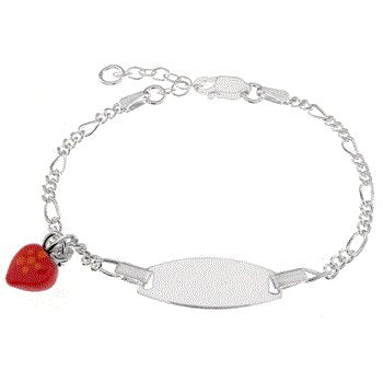 Italian Sterling Silver Figaro Dangle Red Enamel Heart Baby ID Bracelet