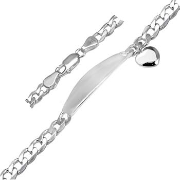 Sterling Silver Oval ID Curb With Engravable Heart Bracelet