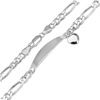 Sterling Silver Figaro Oval ID With Engravable Heart Bracelet