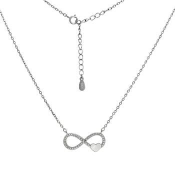 Sterling Silver Rhodium Plated Pave CZ Infinity With Heart Pendant Necklace
