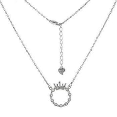 Sterling Silver Love Crown Circle CZ Pendant Necklace