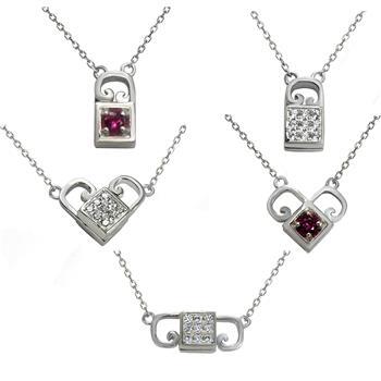 Sterling Silver Rhodium Plated Multi Color CZ Heart Lock Reversible Necklace