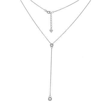 Sterling Silver Rhodium Plated Round Bezel CZ Lariat Necklace
