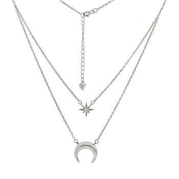 Sterling Silver Rhodium Plated Crescent Moon And CZ Twinkle Star Layered Necklace