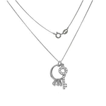 Sterling Silver Rhodium Plated Round Rolo With CZ Solitaire Ring Key Necklace