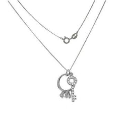 Sterling Silver Rhodium Plated Round Rolo With CZ Solitaire Ring Key Necklace