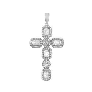 Sterling Silver Rhodium Baguette CZ Cross Pendant
