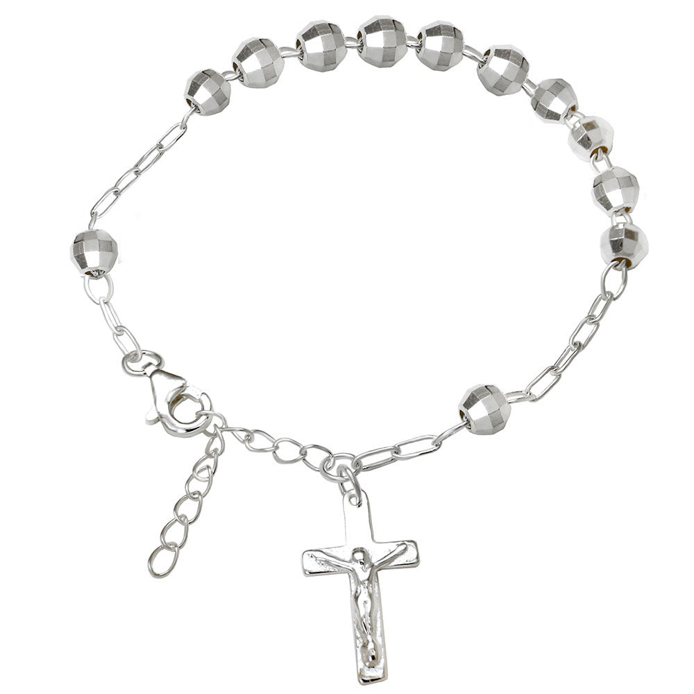 Sterling Silver Diamond Cut Bead Rosary Bracelet