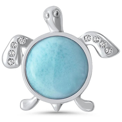 Sterling Silver Natural Round Larimar and Cz Turtle Design Pendant