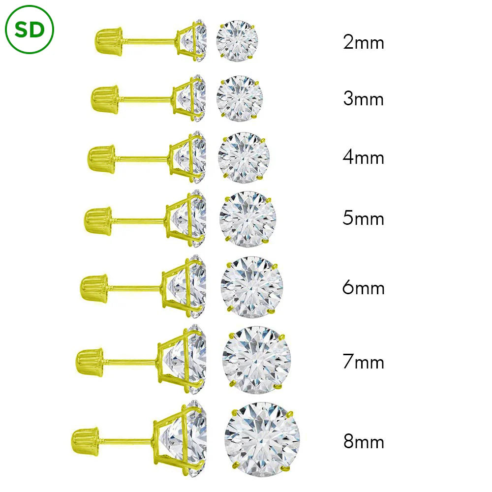 14K Yellow Gold Prong Round Lab Created Diamond Stud Screw Back Earring, Clarity DVS1
