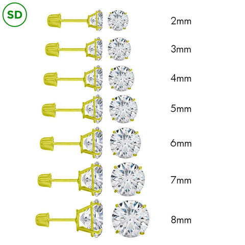 14K Yellow Gold Round Cubic Zirconia Stud Earring Set on High Quality Prong Setting and Screw Back Post