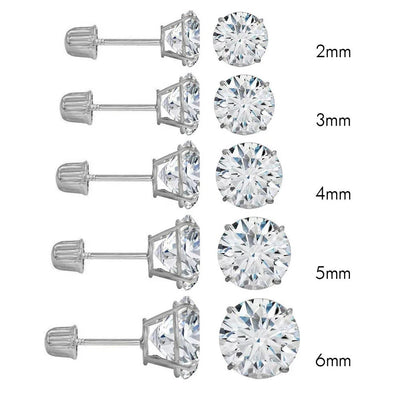 14K White Gold Round Cubic Zirconia Stud Earring Set on High Quality Prong Setting and Screw Back Post