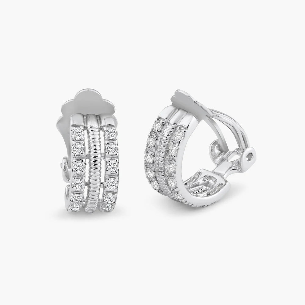 Sterling Silver Classic Half Hoop Clip-On Earring Embedded with Clear Czs