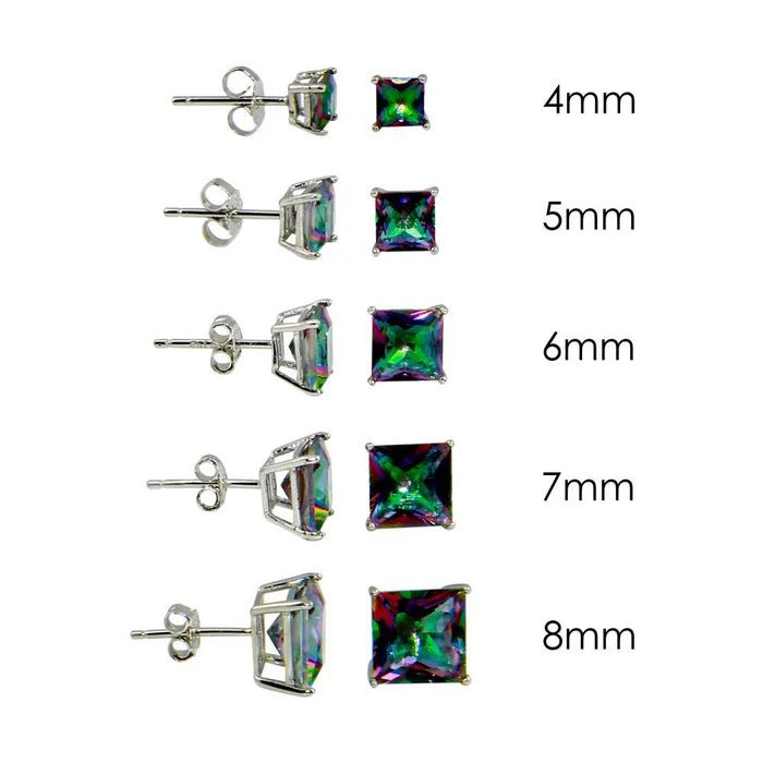 Sterling Silver Rhodium Plated Synthetic Mystic Topaz Square ABD CZ Basket Set Studs