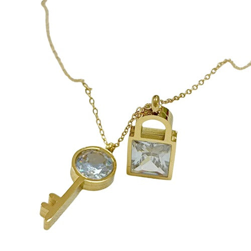 Stelluxe Stainless Steel Gold Color PVD Key Lock With White Diamond Necklace