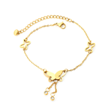 Stelluxe Stainless Steel Gold Color PVD 2 Openwork Butterflies And Double Layer Butterfly Tassel Round Diamonds With Round Clasp Tag Chain Anklet