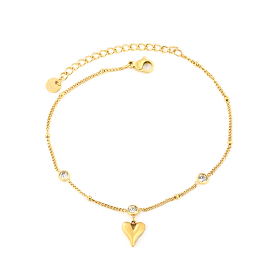 Stelluxe Stainless Steel Gold Color PVD 3 Round Diamonds Heart Shaped Pendant With Round Tag Chain Anklet