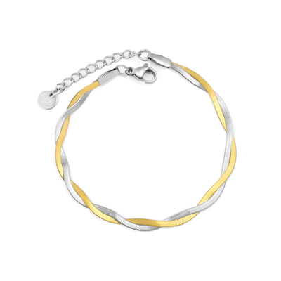 Stelluxe Stainless Steel And Gold Color PVD Blade Chain Double Knitted Round End Tag Bracelet