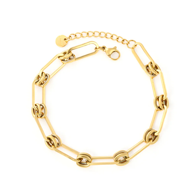 Stelluxe Stainless Steel Gold Color PVD Rectangular Clasp Double O Ring Round Tag Bracelet