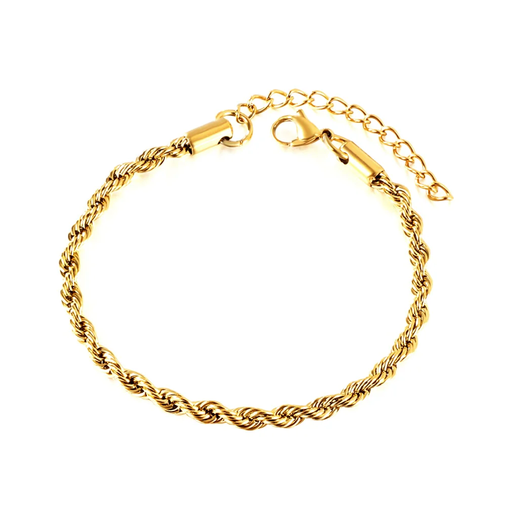 Stainless Steel Gold Color PVD 4mm Twist Boho Rolo Chain Bracelet