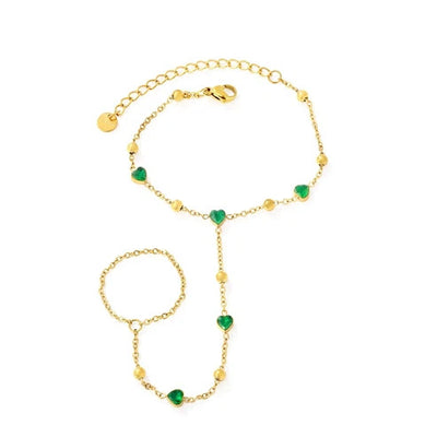Stainless Steel Gold Color PVD Heart Emerald Stone Linked Finger Bracelet With Round Tail Tag
