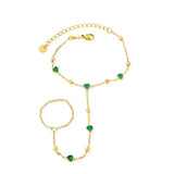 Stainless Steel Gold Color PVD Heart Emerald Stone Linked Finger Bracelet With Round Tail Tag