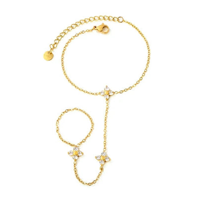 Stainless Steel Gold Color PVD Four Petal Flower Inlaid White Zircon Linked Finger Bracelet With Round Tail Tag