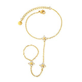 Stainless Steel Gold Color PVD Four Petal Flower Inlaid White Zircon Linked Finger Bracelet With Round Tail Tag