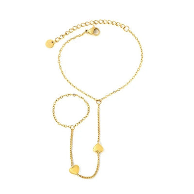 Stainless Steel Gold Color PVD Heart Side Chain Linked Finger Bracelet With Round Tail Tag