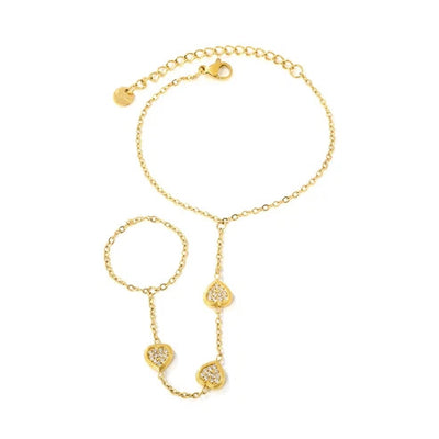 Stainless Steel Gold Color PVD CNC Heart White Zircon Linked Finger Bracelet With Round Tail Tag