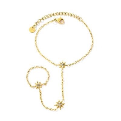 Stainless Steel Gold Color PVD Eight Pointed Star White Crystal Linked Finger Bracelet With Round Tail Tag