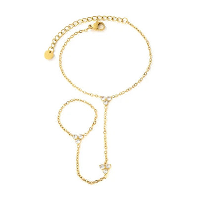 Stainless Steel Gold Color PVD Triangle White Zircon Linked Finger Bracelet With Round Tail Tag