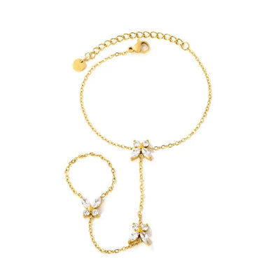 Stainless Steel Gold Color PVD Butterfly White Zircon Linked Finger Bracelet With Round Tail Tag