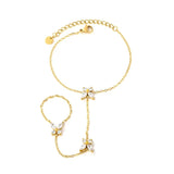 Stainless Steel Gold Color PVD Butterfly White Zircon Linked Finger Bracelet With Round Tail Tag