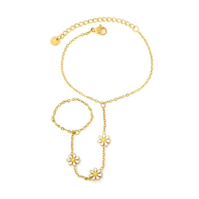 Stainless Steel Gold Color PVD Yellow White Enamel Six Petal Flower Linked Finger Bracelet With Round Tail Tag