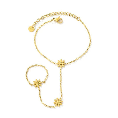 Stainless Steel Gold Color PVD 3D Eight Petal Flower Linked Finger Bracelet With Round Tail Tag