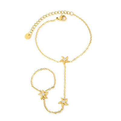 Stainless Steel Gold Color PVD Starfish With White Crystal Linked Finger Bracelet With Round Tail Tag