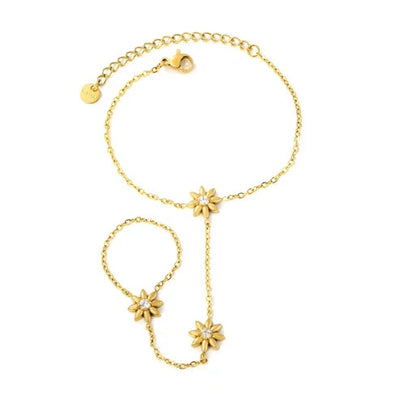 Stainless Steel Gold Color PVD Eight Petal Flower White Crystal Linked Finger Bracelet With Round Tail Tag