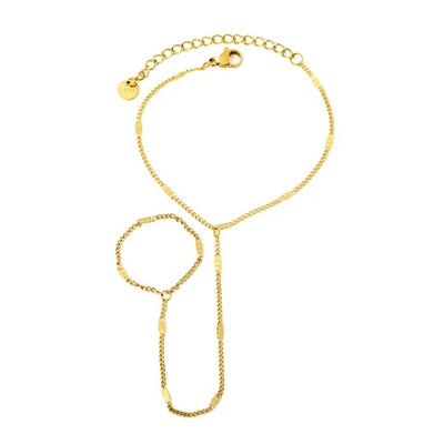 Stainless Steel Gold Color PVD Flat Side Chain Linked Finger Bracelet With Round Tail Tag