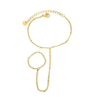 Stainless Steel Gold Color PVD Side Chain With Small Beads Linked Finger Bracelet With Round Tail Tag